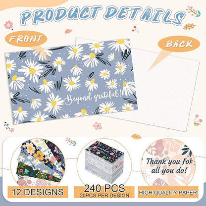 Yeaqee 240 Pcs Employee Appreciation Kudos Cards Funny Blank Back Motivational Card Encouragement Thank You Note Recognition Card for Teacher College Affirmation Gift(Floral)