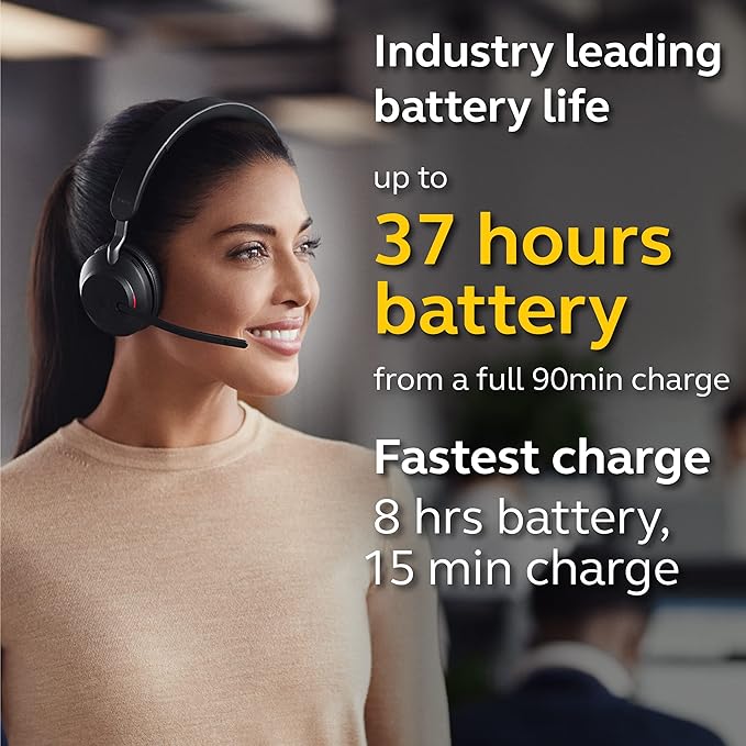 Jabra Evolve2 65 MS Wireless Headphones with Link380c, Stereo, Black – Wireless Bluetooth Headset for Calls and Music, 37 Hours of Battery Life, Passive Noise Cancelling Headphones