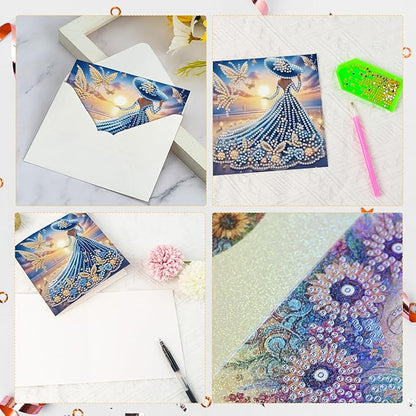 6 Pcs 5D Diamond Painting Greeting Cards Kits, Handmade Festival Greeting Cards with Envelopes DIY Diamond Art Crafts Birthday Cards Holographic Laser Effect for Birthdays Holidays (Beautiful Woman)