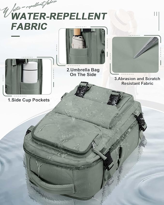 Large Travel Carry on Laptop Backpack for Women Men, Expandable Flight Approved Backpack, Waterproof Sports College bag Casual Daypack for Weekender Business Hiking with Shoe Compartment Light Green