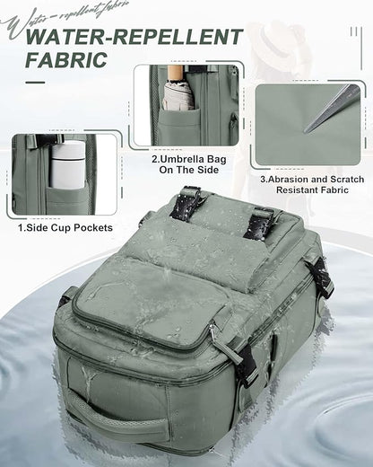 Large Travel Carry on Laptop Backpack for Women Men, Expandable Flight Approved Backpack, Waterproof Sports College bag Casual Daypack for Weekender Business Hiking with Shoe Compartment Light Green