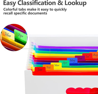 Sooez Accordion File Organizer, 12 Pockets Expanding File Folder, Portable Monthly Paper Bill Tax Receipt Organizer, Letter A4 Size Document Holder with Blank Labels, White