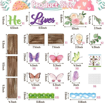 B1ykin 90Pcs Spring He Lives Floral Cross Bulletin Board Decoration Set, Watercolor Butterfly Name Tags Cutouts, Spring Christian Bible Jesus Resurrection Bulletin Boarders for Sunday School Classroom