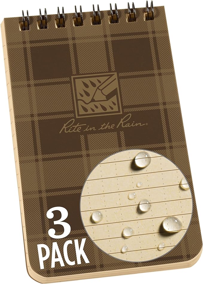 Rite in the Rain Weatherproof Top Spiral Notebook, 3” x 5”, Brown and Tan Plaid Cover, Universal Pattern, 3 Pack (No. PL435-3)