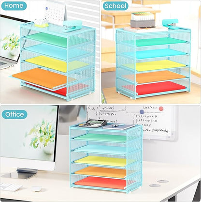 6 Tier Paper Organizer, Metal Mesh Desk File Organizer, Letter Tray Organizer, Paper Sorter Desk Organizer for Office, Home or School File Folder Holder - Blue