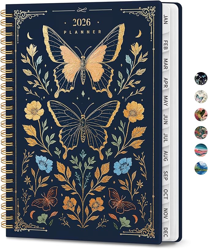 2026 Planner, Weekly and Monthly Planner for Women, January 2026 to December 2026, Pretty Hardcover 2026 Calendar Planner Book with Tabs, Inner Pocket, Spiral Bound, Perfect Office Home School Supplies - 8.5" x 11", Golden Butterfly