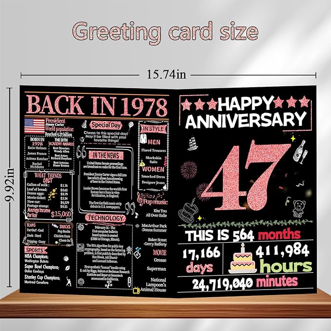 Joycard 47th Anniversary Card for Women, Wedding Card for Wife, Sweet Marriage Decorations Gifts for Couple, Perfect for Her on Anniversary Day, Back in 1978