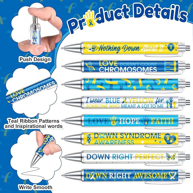 48 Pcs Down Syndrome Awareness Pens Blue Yellow Ribbon Awareness Ballpoint Pens Bulk Faith Courage Hope Strength Health Awareness Favor Gifts for Teen Social Charity Event