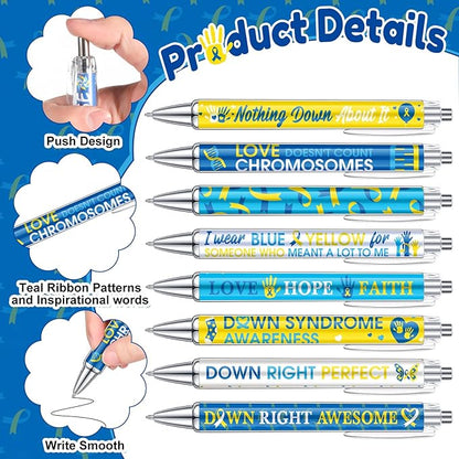 48 Pcs Down Syndrome Awareness Pens Blue Yellow Ribbon Awareness Ballpoint Pens Bulk Faith Courage Hope Strength Health Awareness Favor Gifts for Teen Social Charity Event