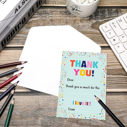 72 Pieces Kids Thank You Cards Fill in the Blank Thank You Notes with Envelopes Colorful Thanks Cards for Birthday Party(Confetti Style)