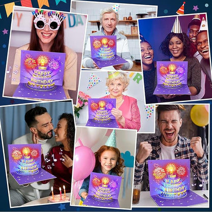 Birthday Cards Birthday Gifts for Women Fireworks Pop Up Cake Light and Music Happy Birthday Card Purple Gold