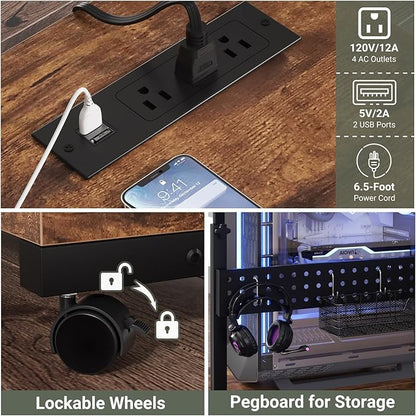 Computer Tower Stand with Power Strips, Height Adjustable PC Tower Stand/Cart with Wheels, Mobile Rolling CPU Holder, Computer Cart Side Stand for Computer Desk, 24", Rustic Brown