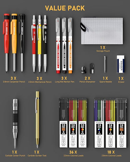 22 Pack Mechanical Carpenter Pencil Set with Sharpener 60 Refills, Automatic Center Punch, Carbide Scribe Tool, Eraser and Deep Hole Marker Pen, Heavy Duty Construction Pencil for Architect-With Pouch