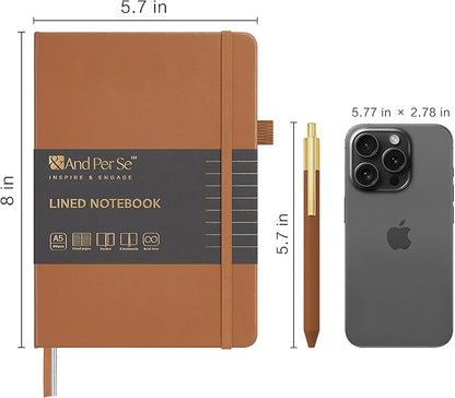 A5 Lined Leather Journal and Pen Set, Hardcover Notebook with Pen, 160 Pages 100gsm Thick Ruled Paper for Men Women, for Work, Business, School or Home Writing, 5.7'' x 8'' (Light Brown-Set1)