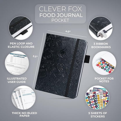 Clever Fox Food Journal Pocket - Daily Food Diary, Meal Planner to Track Calories & Nutrients, Weight Loss Tracker Notebook, 4x5.5” (Silver Black)