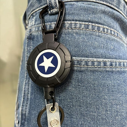 Rotating Blue Star Faceplate Badge Reel with Retractable Steel Wire Keychain, Heavy Duty Carabiner Holder, Ideal for Key & Card Storage Gift for Men