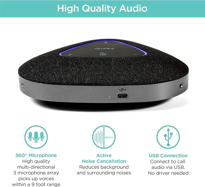 iHome Conference Speaker and Microphone, USB and Bluetooth Speakerphone with 3 Noise Cancelling Microphones for Home Office, Compatible with Mac, Windows, iOS, and Android