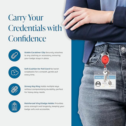 Will Well ID Badge Holders with Clip and Keyring - Horizontal Clear Plastic 3.7" x 2.5" Sleeves Fit Up to 3 Cards - Retractable 24" UHMWPE Fiber Pull Cords - 2-Pack, Transparent Red Reels