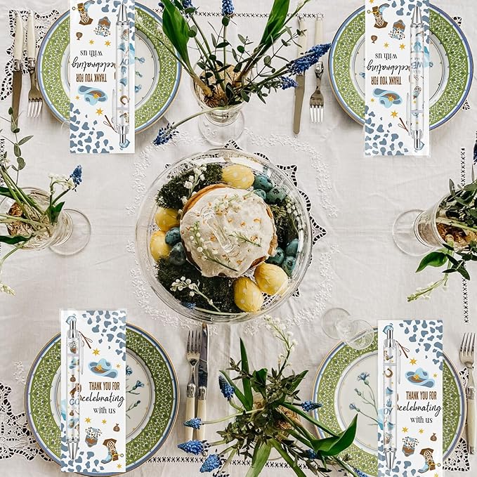 50 Sets Pen Baby Shower Favors Gifts for Guests Includes 50 Rolling Paper Ballpoint Pens and 50 Greeting Thank You Bookmarks Baby Shower Party Favors (Cowboy)