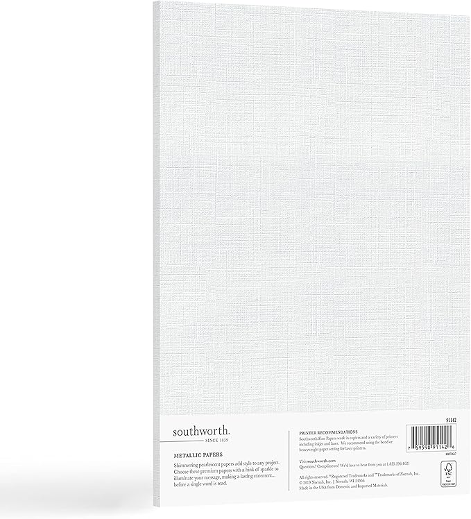 Southworth Business Paper, 8.5" x 11", 70 lb., Metallic Finish, White Pearl, 25 Sheets (91142)