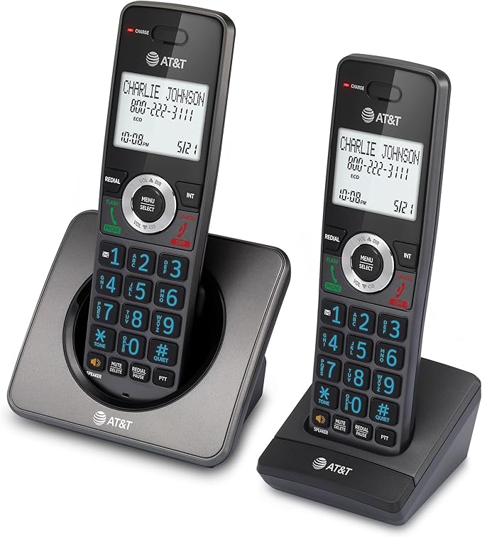 AT&T GL2101-2 DECT 6.0 2-Handset Cordless Home Phone with Call Block, Caller ID, Full-Duplex Handset Speakerphone, 2" White Backlit Display, Lighted Keypad (Graphite & Black)