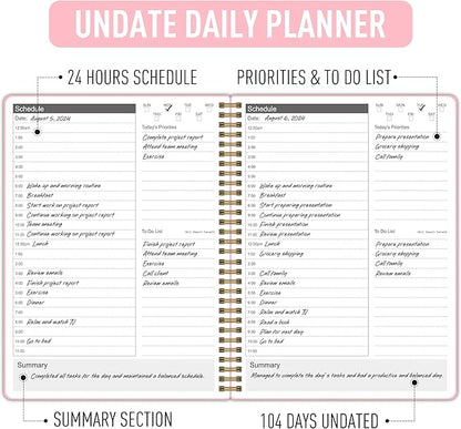 24 Hour Schedule Daily Planner - Undated To Do List Notebook with Hourly Schedule, 7" x 10", Spiral Organizer Your Tasks and Appointments, Home or Office Supplies for Women - Carnation Pink