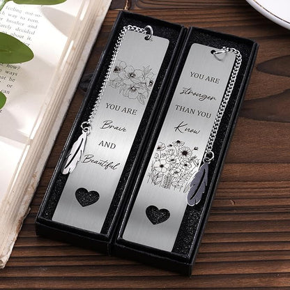 Inspirational Metal Bookmark Gift - 2 PCs You are Brave Stronger Than You Know Bookmarks Reading Women Girls Flower Motivational Appreciation Book Marks Pendant Family Friends Birthday