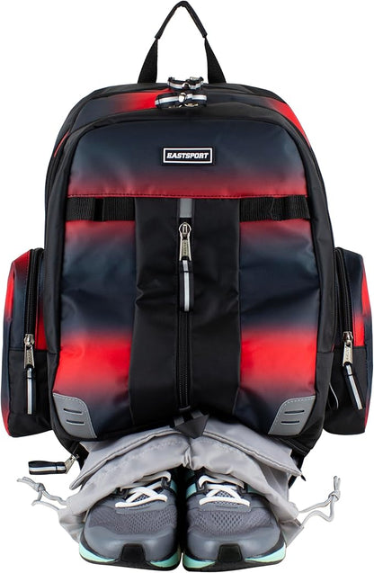 Eastsport Extra Large Backpack Expandable Oversized For Travel Hiking Work Camping Sports Outdoors With Drawstring Bag 18x13.5x9.5 Mochila De Viaje Red Ombre Black