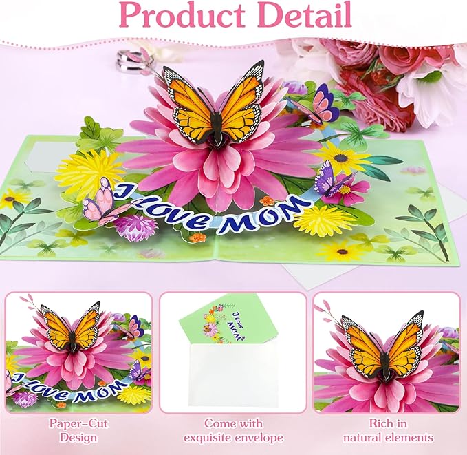 D4DREAM Mothers Day Pop Up Card for Mom - 3D Butterfly Flower Greeting Card with Envelope and Note Tag I Love Mom Pop Up Birthday Gift for Her from Daughter Son