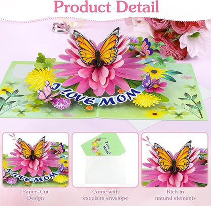 D4DREAM Mothers Day Pop Up Card for Mom - 3D Butterfly Flower Greeting Card with Envelope and Note Tag I Love Mom Pop Up Birthday Gift for Her from Daughter Son