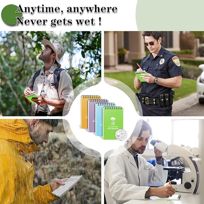 Waterproof Notebook, 4 Pack Top-Spiral Pocket Notepad, 3" x 5" Weatherproof NotePad, All Weather Police Pocket Notebook Little Memo Steno Note Pads for Outdoor Office School Recording, Black