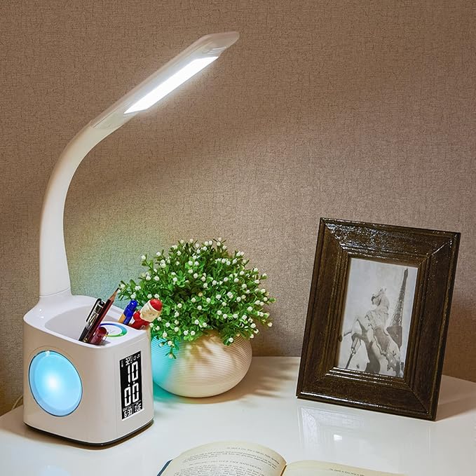 Study Desk Lamp with USB Charging Port&Screen&Calendar&Color Night Light, Kids Dimmable LED Table Lamp with Pen Holder&Clock, Reading Light for Students,10W
