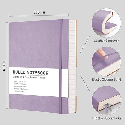RETTACY Journaling Notebooks, B5 Lined Journal Notebook with 320 Numbered Pages, 7.6" × 10", Medium Size, Journal Notebook for Writing, Work, School, Leather Softcover, 100 GSM Thick Paper (Purple)