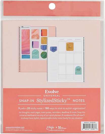 Erin Condren Universal Snap-in Stylized Sticky Notes - Evolve | 9 Pads, 20 Sheets Each, 180 Sticky Notes Total