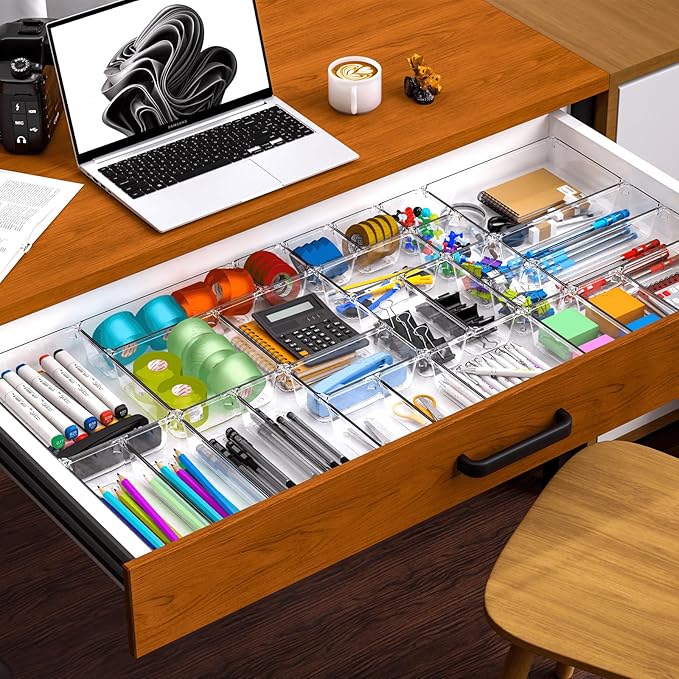 7 Pack Clear Plastic Drawer Organizer Set,4 Sizes Bathroom Drawer Organizers and Storage Bins,Vanity Drawer Organizer for Makeup, Cosmetics, Jewelry, Utensils, Gadgets,Office In Drawer Organizer Trays