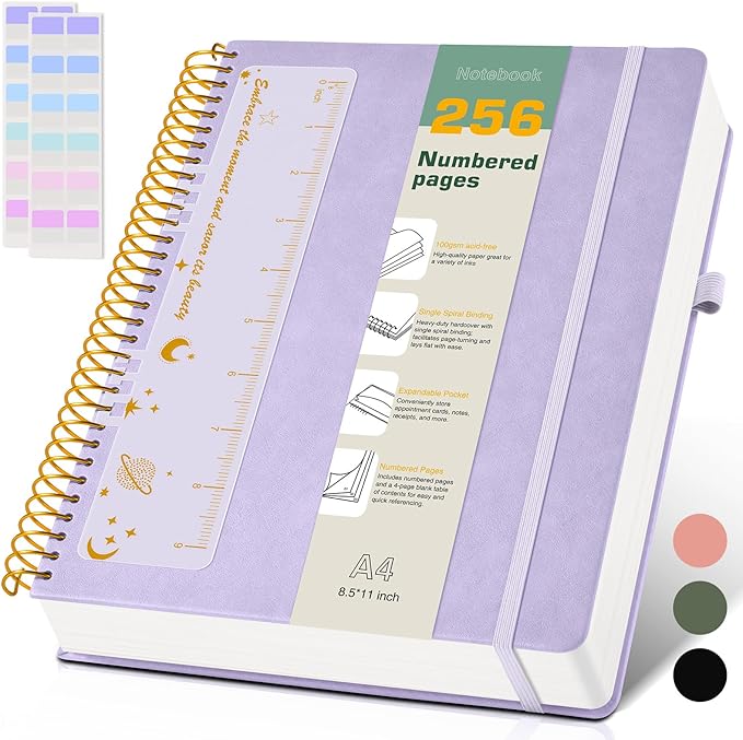 A4 Spiral Notebook Journal 8.5” x 11”, 256 Numbered Pages Hardcover Leather Journals for Women Men, Large Lined College Ruled Notebooks, 100GSM Thick Paper, Spiral Bound Journal for Work School, Purple