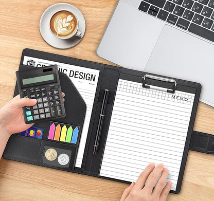 A5 Leather Portfolio Binder, Interview Legal Document Organizer with Magnetic Closure Cover with A5 Sized Papers,Sticky Tabs,Pen,Mini Document Organizer Folder for Men Women,Black