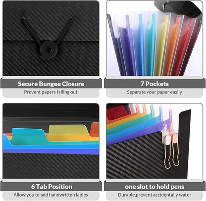 SKYDUE Accordion File Organizer, Expanding File Folder with 7 Pockets,Portable Receipt Paper Bill Document Organizer,Letter/A4 Size Filing Folder School Office Supplies,Black