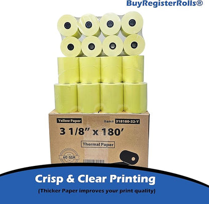(32 Rolls) 3 1/8 x 180 Yellow Thermal Paper Receipt Rolls (60 GSM Paper Thickness) fits all Clover POS Cash Register Printers, Yellow Thermal Paper from BuyRegisterRolls