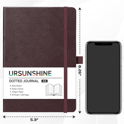 Dotted Journal/Notebook - Dot Grid Hard Cover Notebook, Premium Thick Paper with Fine Inner Pocket, Black Smooth Faux Leather, Pen Loop, 5.3'' x 8.26'' - Brown