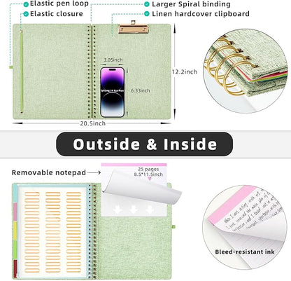 Ospelelf Green Foldable Spiral Clipboard Folio with Storage Zipper Pouch, 5 Plastic Folders with 10 Pockets, Refillable Lined Notepad (11" x 8.5"), Linen Hardcover Project Organizer