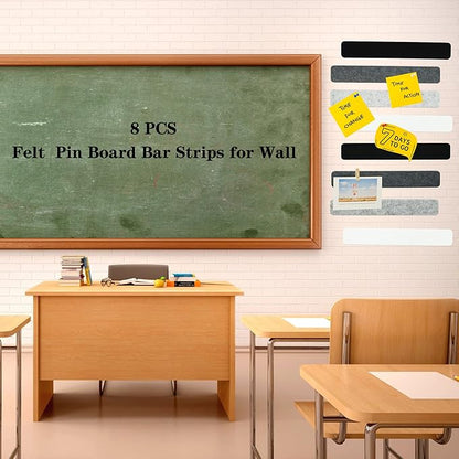 8Pcs Bulletin Board Strips, Black White Grey Felt Pin Board Bar Strips with 50 Pushpins, Self-Adhesive Felt Cork Board Strips for Wall to Display Your Notes, Photos, Schedules, Announcements