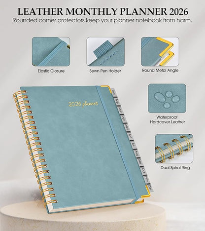 2026 Planner, Weekly and Monthly Calendar Planner from January 2026 - December 2026, 8.5" x 11" Hardcover Leather Hourly Appointment Book with Tabs, Spiral Daily Planners for College School Work Home,Blue