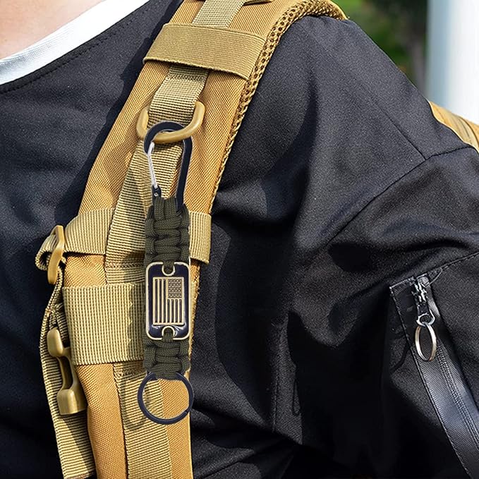 Paracord Keychain with USA Flag, Paracord Carabiner Keychain Clip, Braided Lanyard Utility Ring Hook Outdoor Camping Kit