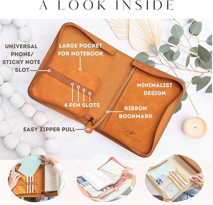 Bible Cover Case for Women - PU Leather Bible Covers for Women –Bible Case for Girls - Minimalist Design Debossed Bible Case, Large Bible Covers for Women – Bible Accessories (Brown/Gold)