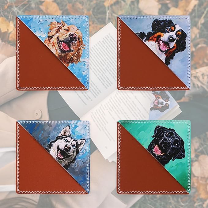 4 Pieces Leather Bookmarks, Cute Book Accessories for Reading Lovers, Page Markers for Women Men Kids Students Teachers Retirement Birthday Gift (Cute Dog)