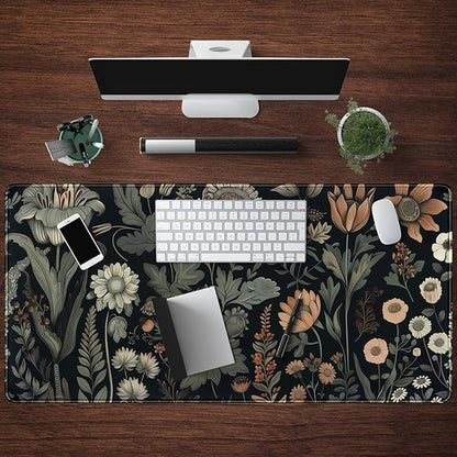Black Aesthetic Vintage Desk Mat Dark Flower Plants Mouse Pad Wildflowers Large Gaming Mousepad Desk Pad XXL Keyboard Mouse Mat Full Desktop Mat Women Desk Cover Mat for Work Office Home 31.5x15.8 in