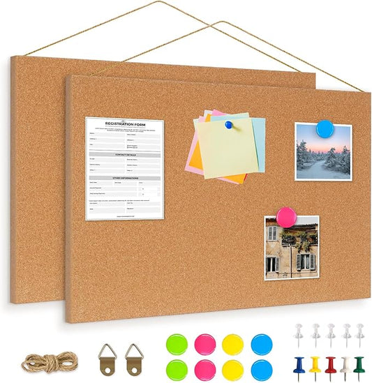 DOLLAR BOSS Magnetic Cork Board, 2 Pcs 16" x 12" Small Cork Bulletin Board 0.7" Thick Frameless Corkboards for Walls Pin Notice Board with 8 Magnets 10 Pushpins for Home Office Kitchen School Decor