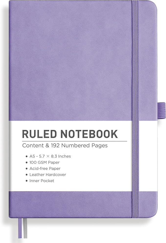 RETTACY Journaling Notebooks, A5 Lined Journal Notebook with 192 Numbered Pages, 5.7'' × 8.3'' Medium Size, for Writing, Work, Office, Leather Hardcover, 100 GSM Thick Paper (Purple)