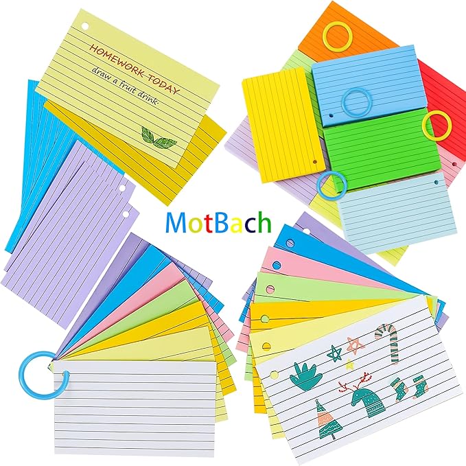 MotBach 280 Pcs Index Cards Flash Cards with Binder Rings,3" x 5", 6 Color Ruled Memo Note Study Cards Memo Scratch Pad Lined Studying Record Index Cards To Do List for Home School Office Supplies